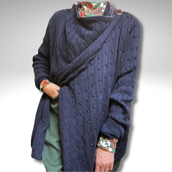 Ralph Lauren Equestrian Buckle Navy Cable Knit Wrap...